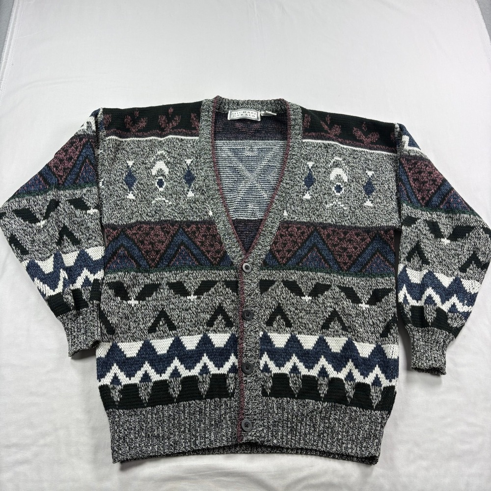 Michael Gerald Cardigan Sweater Mens L Geometric Grandpa Old Money Vintage